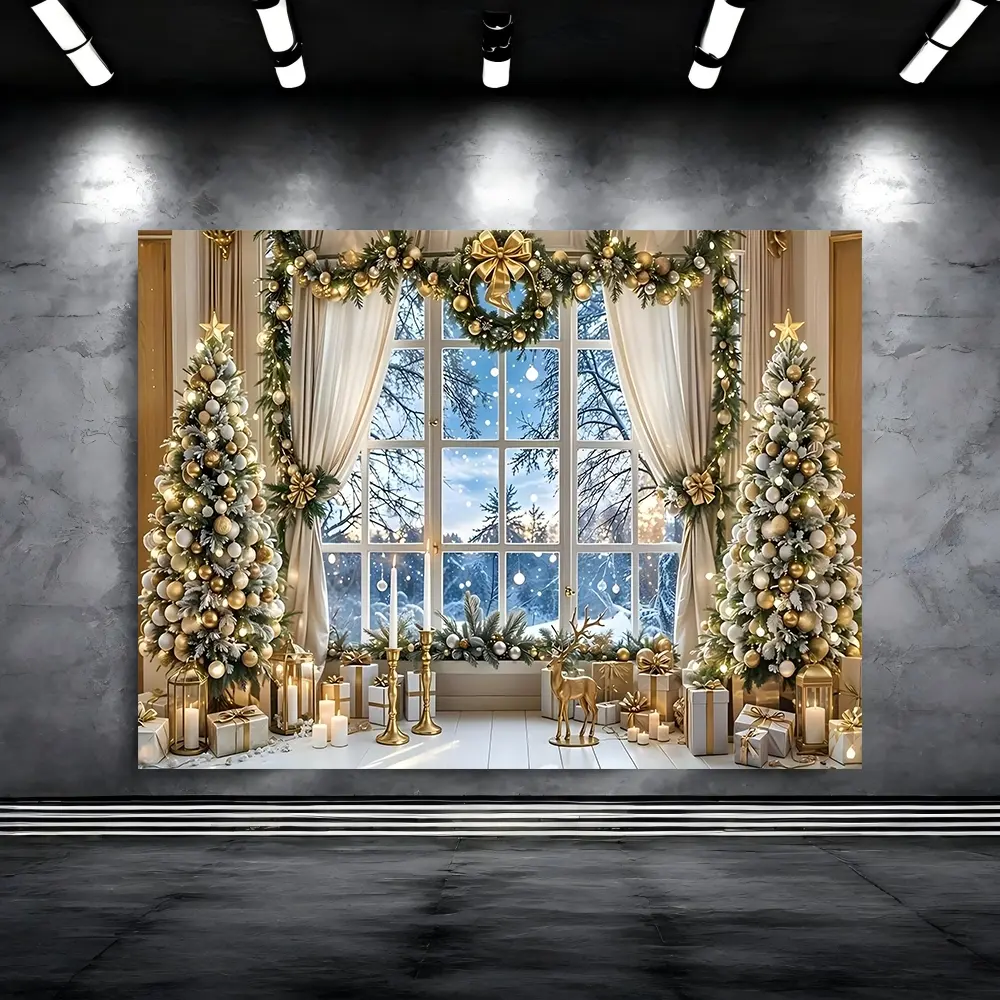 festive Christmas background cloth decoration, Wall hanging backdrop, polyester material, Christmas tree, snow scene outside the window, reindeer and other exquisite pattern designs, suitable for holiday decoration - Christmas decoration, living room deco