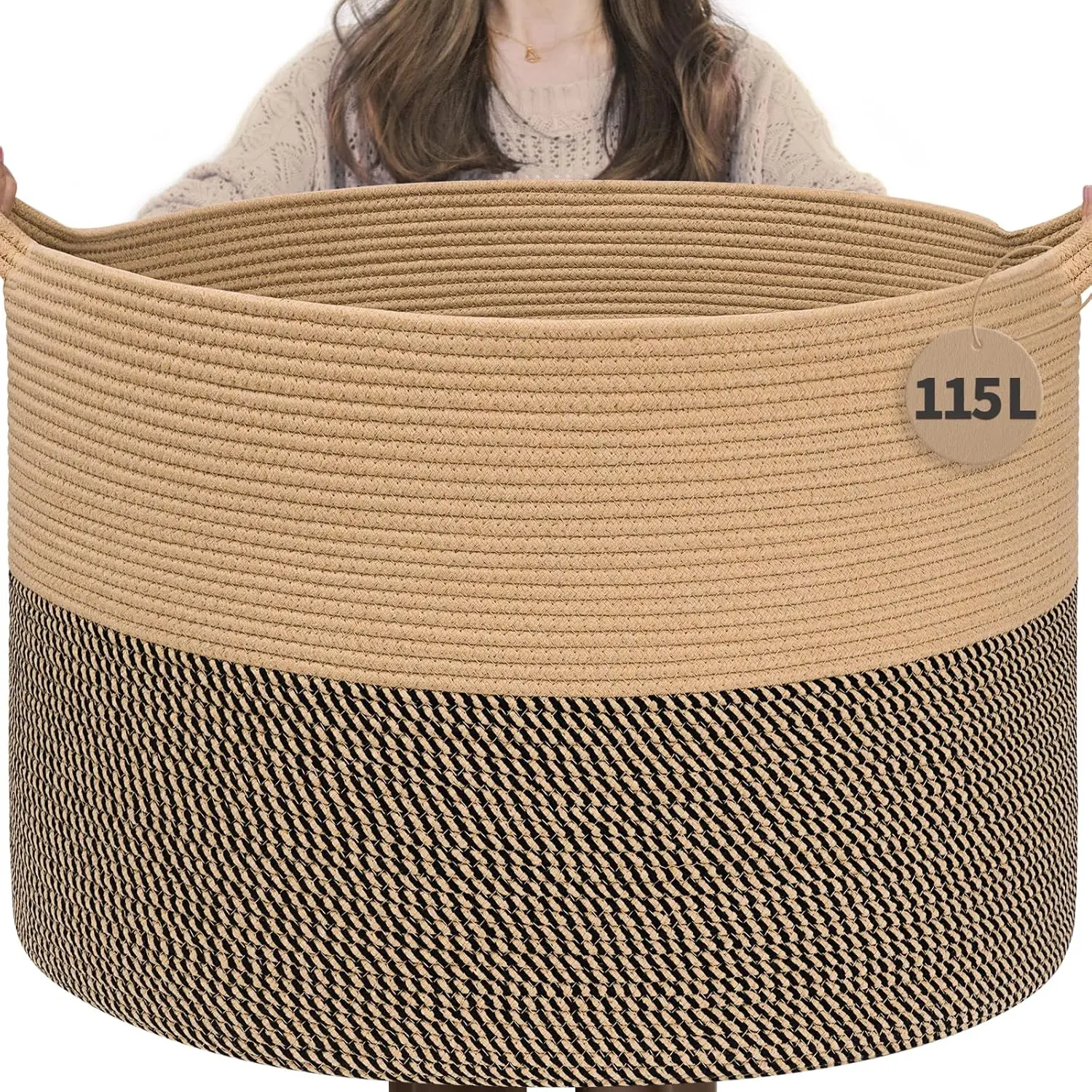 115L Blanket Basket, Woven Baskets for Storage, Wicker Storage Basket for Organizing Woven Laundry Baskets for Pillow Shoe Entryway, Camel & Mix Camel