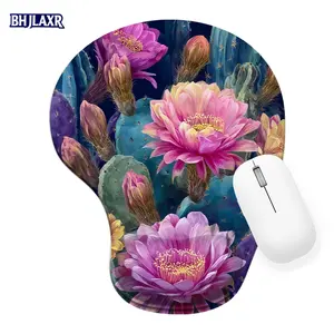 Vibrant Cactus Flowers Spiny Pads Silicone Wrist Rest Mouse Pad 8.98*7.56inch Ergonomic for Office Home Computer Gift with Bright Pink Yellow Floral Details Realistic Desert Cactus Art
