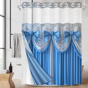 1PC/4PCS 2D Flat Printing Blue and White Bow Decorated Curtain Patterned shower curtain, home bathroom decor, shower curtain set with 12 hooks, non-slip bathroom rug, U-shaped toilet seat cover, toilet seat mat.