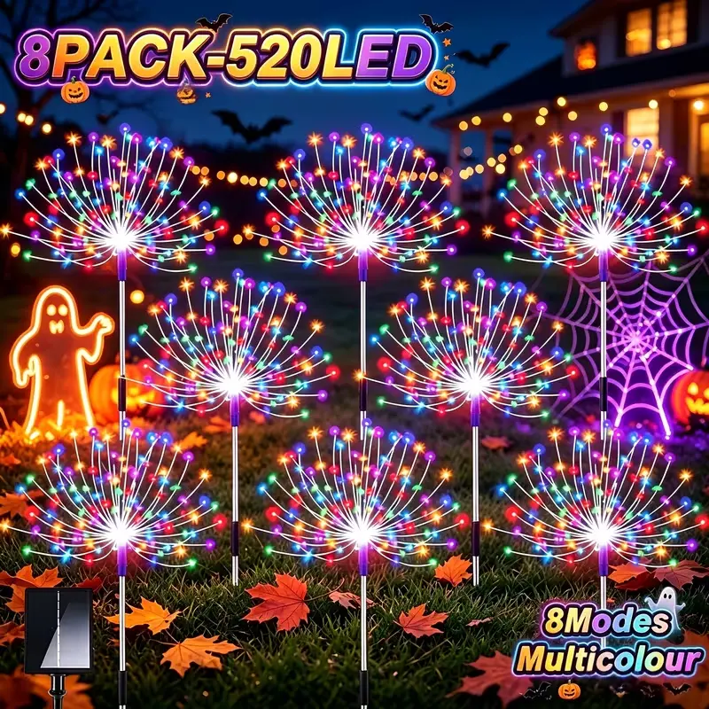 8-Piece Multi-Color Solar Fireworks Light Set - 520LED Outdoor Solar Landscape Lights, 8 Lighting Modes, IP65 Waterproof, for Halloween, Holiday DIY Decoration (Lawn, Path Application)