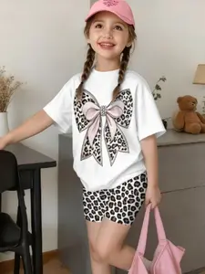 Summer Girls' Cute and Fashionable Bow Shorts Set, Designed for Girls, Featuring Beautiful Print Patterns, Perfect for Outdoor Wear, 2-Piece Set, Leopard Print Set