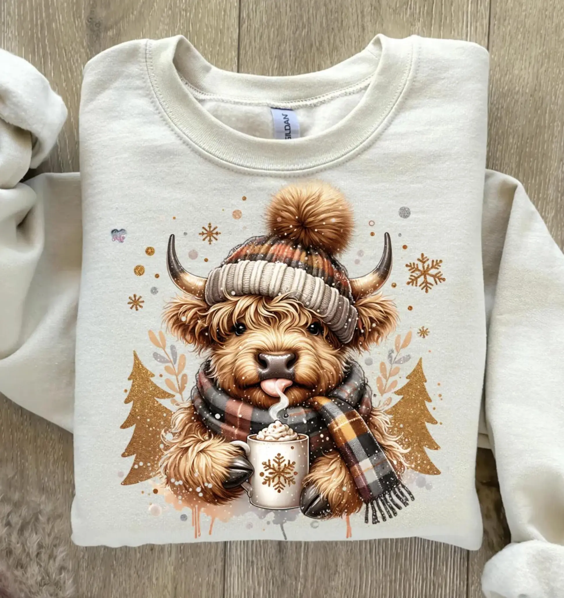 Cute Highland Cow Sweatshirt/T-shirt/Hoodie, Christmas Trees Shirt, Hot Cocoa Tee, Cozy Winter Fluffy Cow Xmas Holiday Highland Cow Hoodie, Snowflakes Tee, Xmas Gift For Her Him