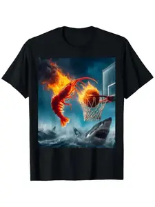 Men's Gift: Casual Short-Sleeve Round Neck T-Shirt with Shrimp and Shark Design - Fun Fishing Theme