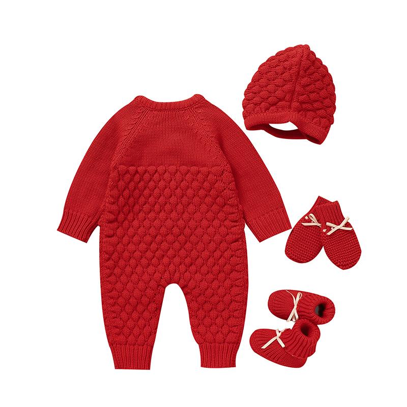 MIMIXIONG Baby Romper Set with Matching Shoes Hat and Gloves in Red Knit Design for Infants
