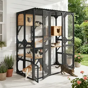  [Bellemave] 67" Large Outdoor Catio Enclosure with Houses & Platforms| Scratching Post and Secure Doors| Fir Wood Cat Patio Playpen for Multiple Cats﻿