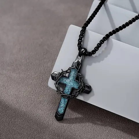 Men's Christian Style Turquoise Jeweled Cross Pendant Necklace with Thorny Wreath - 1 Piece Unisex Daily Faith-Based Fashion Jewelry, Religious Mens Gifts for Boyfriend, Gifts for Him