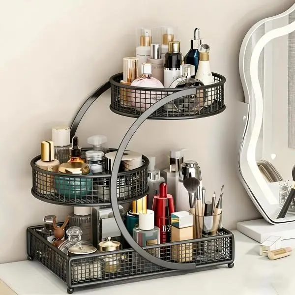 Glam Black 3-Tier Rotatable Metal Makeup Organizer with Cups - Multi-Compartment Makeup Brush Holder, Small Space Hero Countertop Storage for Vanity, Home Bathroom