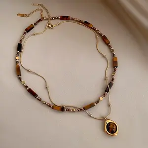 NOKMIT,Vintage Tiger's Eye Stone Pendant Set ,Bohemian-style gemstone necklace,Versatile fashion accessories,Women's Necklace,Simple Elegance Sweet,Gift for her, Friendship Necklace, Energy Necklace chain, mothers day gifts,clavicular necklace