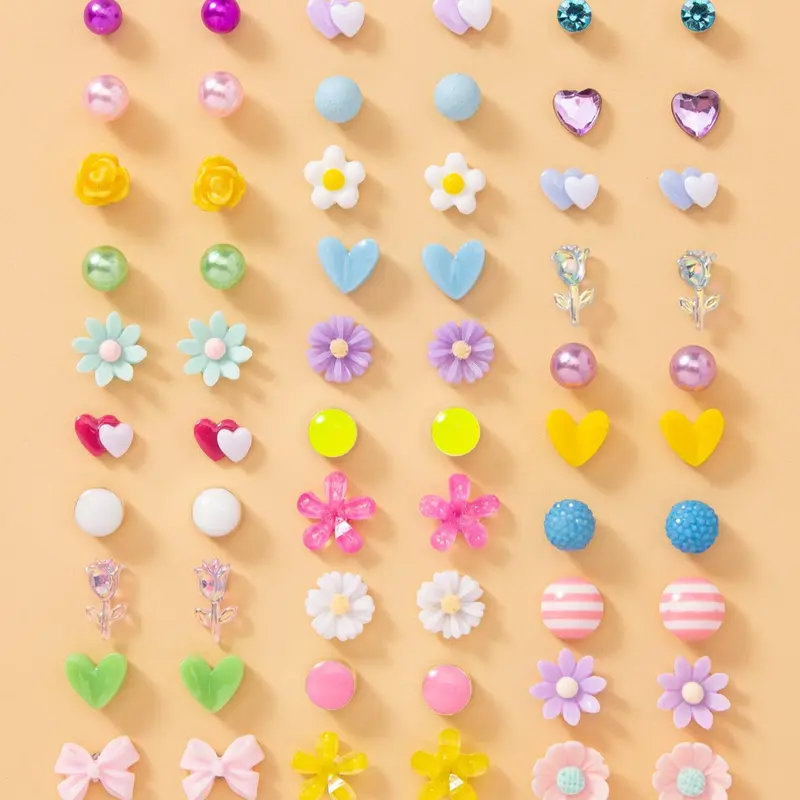 30 Pairs Women's Cute Rhinestone & Faux Pearl Decorated Stud Earrings, Heart & Flower & Bowknot Design Stud Earrings, Floral Stud Earrings, Fashionable Jewelry For Women & Girls For Daily & Party Decoration, Stud Earrings Set