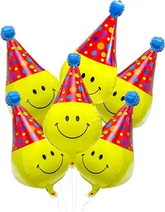 4D Happy Emoticons With Hat Balloons Smiley Face Helium Balloons, 6 Pack Cute Cartoons Movie Character Smile with Party Hat Foil Mylar Balloons For Kids Birthday Decoration Party Supplies