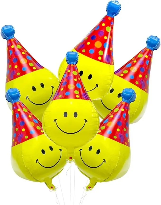 4D Happy Emoticons With Hat Balloons Smiley Face Helium Balloons, 6 Pack Cute Cartoons Movie Character Smile with Party Hat Foil Mylar Balloons For Kids Birthday Decoration Party Supplies