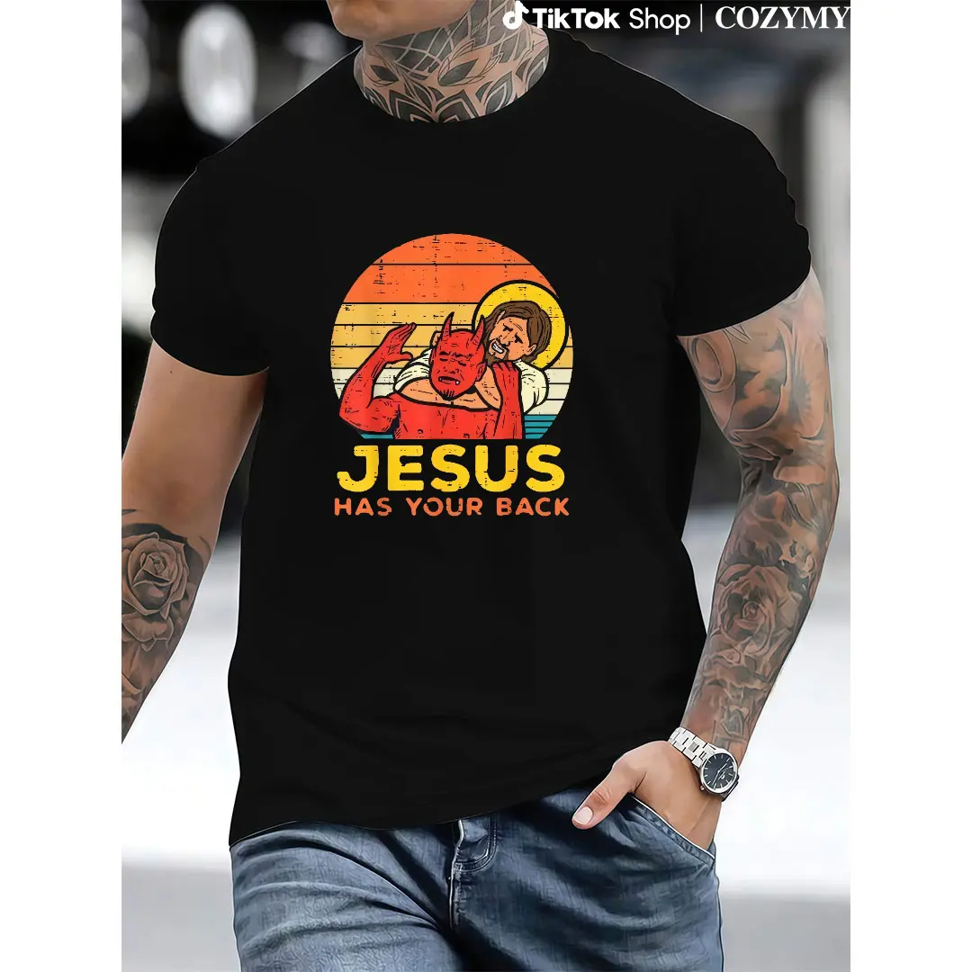100% Cotton Jesus Has Your Back Jiu Jitsu Retro Christian Men T-Shirt Selected pure cotton interesting design DIY short sleeve t-shirt for men, soft and breathable Graphic tee
