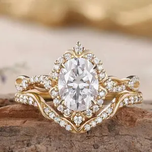 Crown Gold Zircon Engagement Ring Set for Women, European & American Fashion, New Light Luxury Couple's Rings