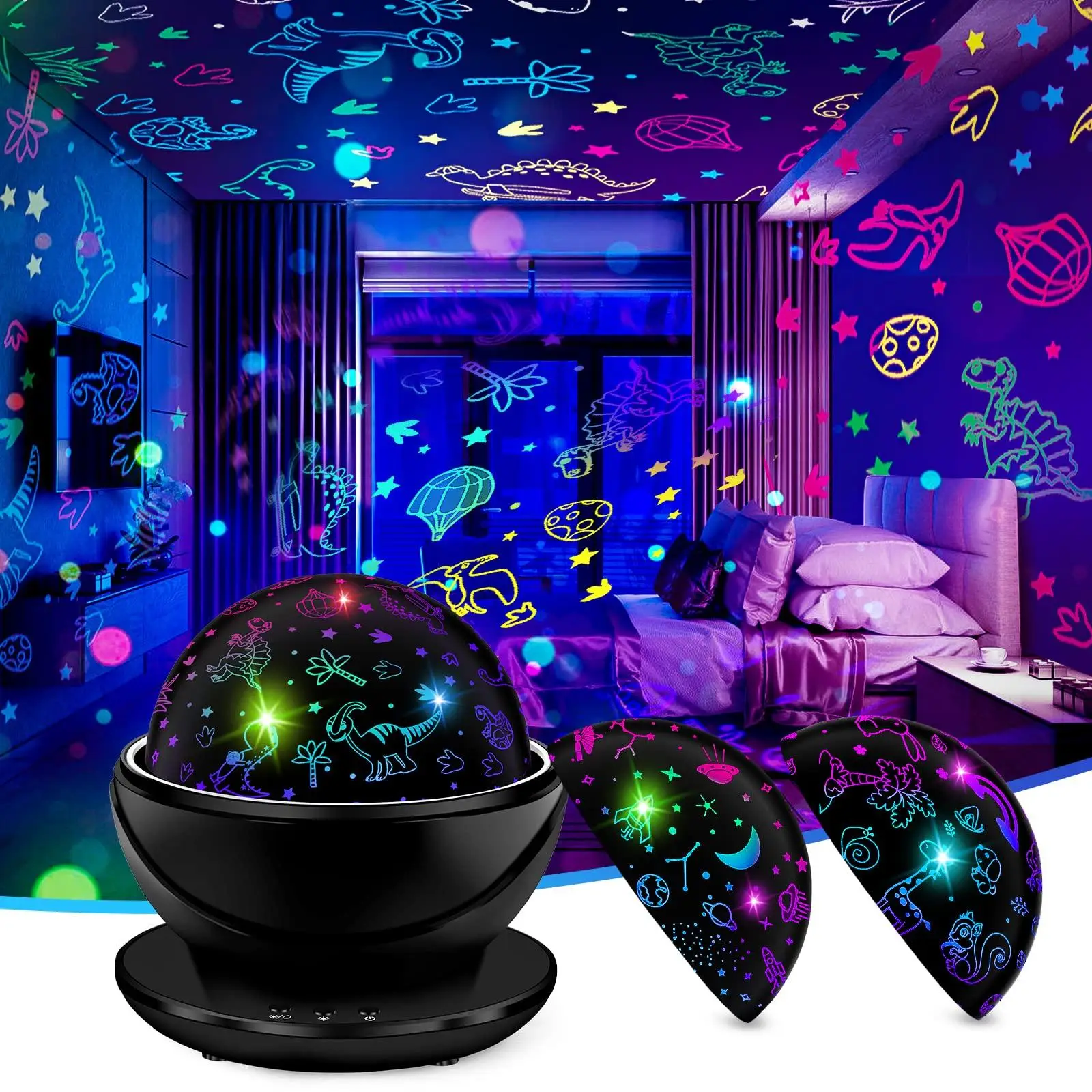 Rotation Dinosaur Night Light Projector for Summer, Ambient Projector Lamp with 2 Projection Films & Night Light Mode for Bedroom Decor