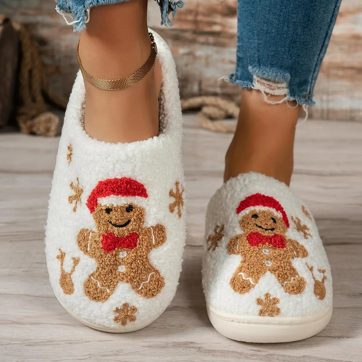 Christmas Winter Indoor Leisure Warm Slippers Embroidery Gingerbread Man Cartoon Pattern Women Comfy Soft Sole Home Fuzzy Shoes