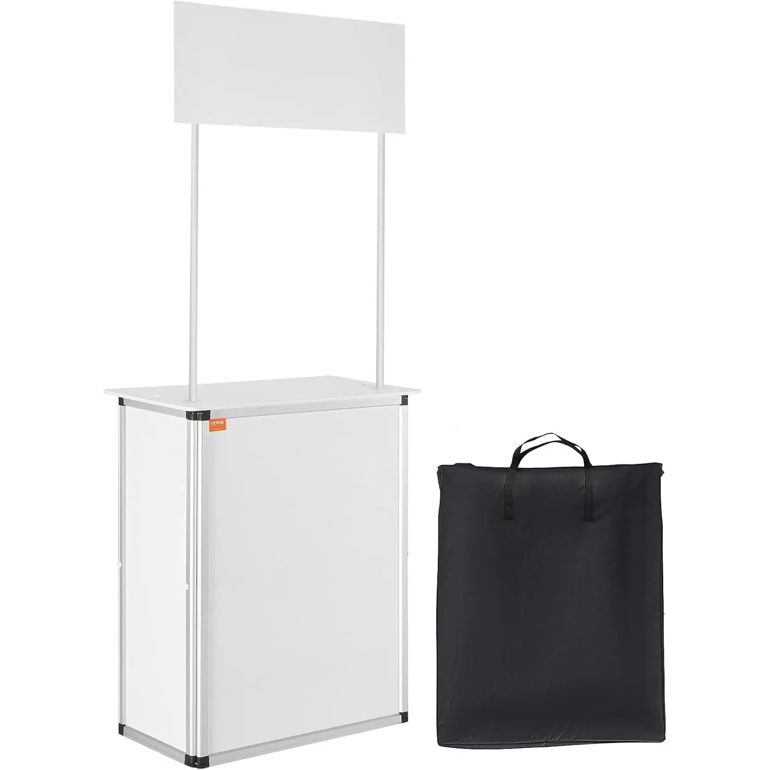 VEVOR Portable PVC+Wood Trade Show Counter Table, 30.91in x14.96in x71.46in Stable Outdoors Display Stand with Wall, Storage Rack, 1x Carrying Bag, 18.41 lbs Weight, Smooth Floors Compatibility, Velcro Mount, Exhibition Booth Podium