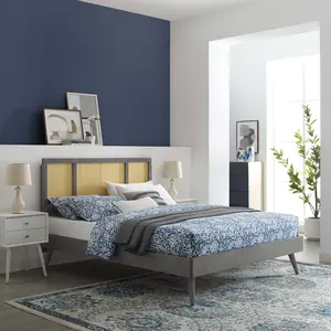 Modway Kelsea Cane and Wood Full Platform Bed With Splayed Legs in Gray