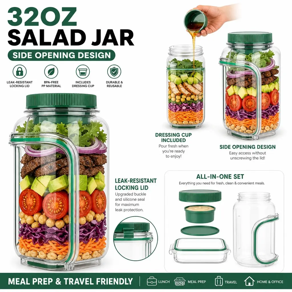 32oz Salad Jar with Side Opening And Dressing Cup - Upgraded Lock, Safe Side-Sealed Salad Pod Mason Jar Side Opening, Salad Storage Jar, Salad Container for Lunch And Meal Preparation Jar, Portable Travel, Home And Office