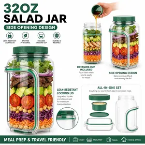 32oz Salad Jar with Side Opening And Dressing Cup - Upgraded Lock, Safe Side-Sealed Salad Pod Mason Jar Side Opening, Salad Container for Lunch And Meal Preparation Jar, Portable Travel, Home And Office