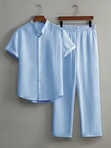 Men's Two-Piece Set, including a solid-color textured short-sleeved shirt and a straight-leg drawstring trousers - Men's Casual Clothing Set, Casual Outfit Set