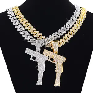 Machine Gun Funk Style Pendant & 15mm 16" 18" 20" 24" Iced Cuban Chain Hip Hop Necklace Jewelry Accessory