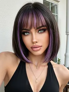 Highlights Bob Wig with Bangs, 10 Inch Short Straight Fiber Wig, Natural Heat-Resistant Trendy Hairstyle