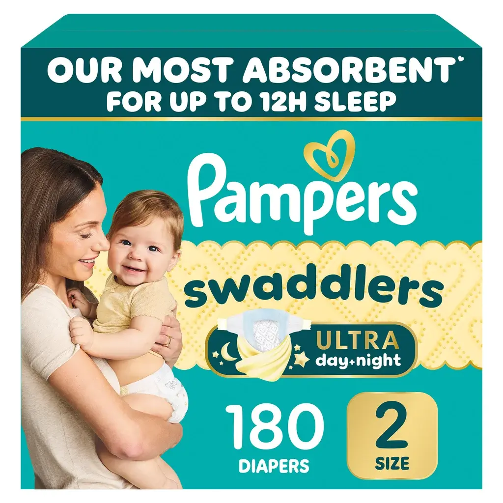 Pampers Swaddlers Ultra Unisex Nappies - Size 2, 180 Count, Blowout Barrier, Keepdry Liner, Plant-Based Materials