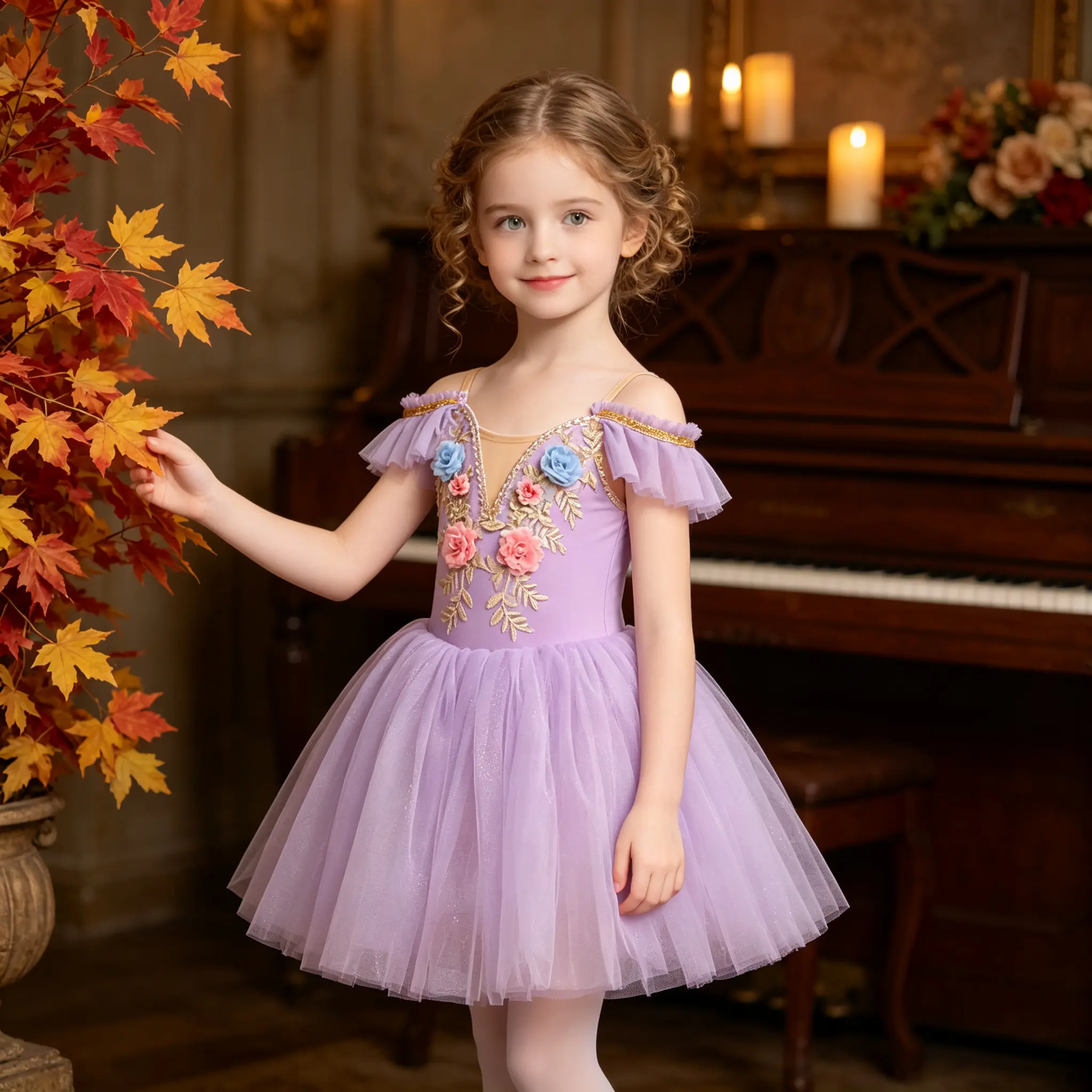 Girls Purple Floral Ballet Tutu, Kids Off Shoulder Dance Costume, Girls Dance Performance Outfit, 3-12Y Children Princess Dress for Ballet Class, Stage Show, Birthday Party, Holiday Celebration, Soft Mesh Elegant Embroidery Dance Dress