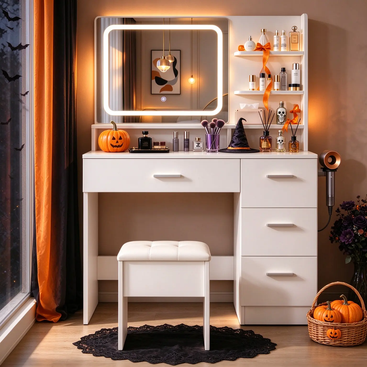 Stylish white vanity table set with LED mirror and comfortable stool, gothic Halloween aesthetic makeup desk with practical storage drawers; favorite choice for girls, great for bedroom and dorm decoration home ic sika modern makeup vanity desk power usb