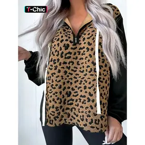 Leopard Patchwork Hoodie with Colorful Stitching, Knot Cuff Half-Zip Pullover, Casual Fashion Sweatshirt for Women & Men