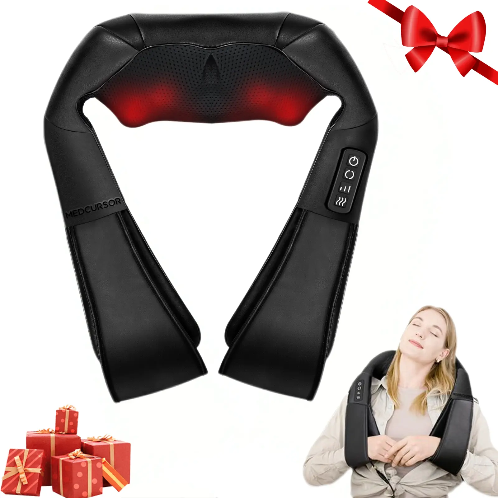 Medcursor Shiatsu Neck and Shoulder Massager with Heat, Portable Deep Tissue Electric Pillow with 8 Kneading Nodes, Neck Shoulder Relaxer for Muscle Pain Relief
