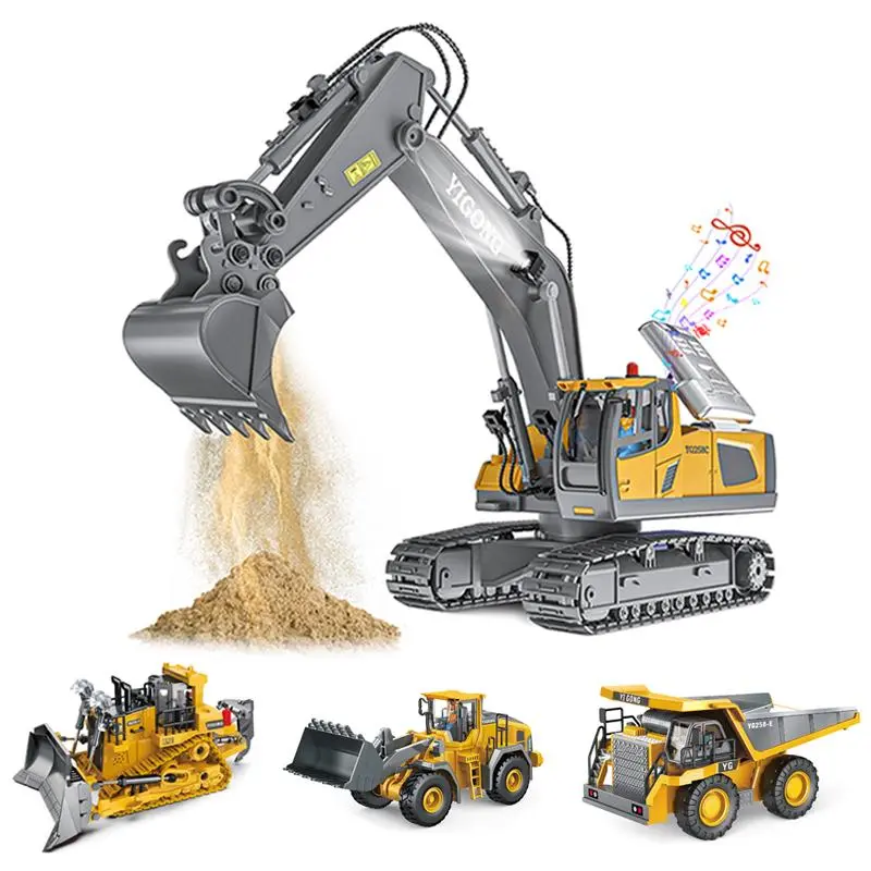 Aleloe Remote Control Excavator (11-Channel), Dump Truck, Bulldozer, Loader (9-Channel), 2.4GHz Remote Control Construction Vehicles, Metal Construction, with Cool Lights and Sound Effects, 4-Pcs,for 3 year old+