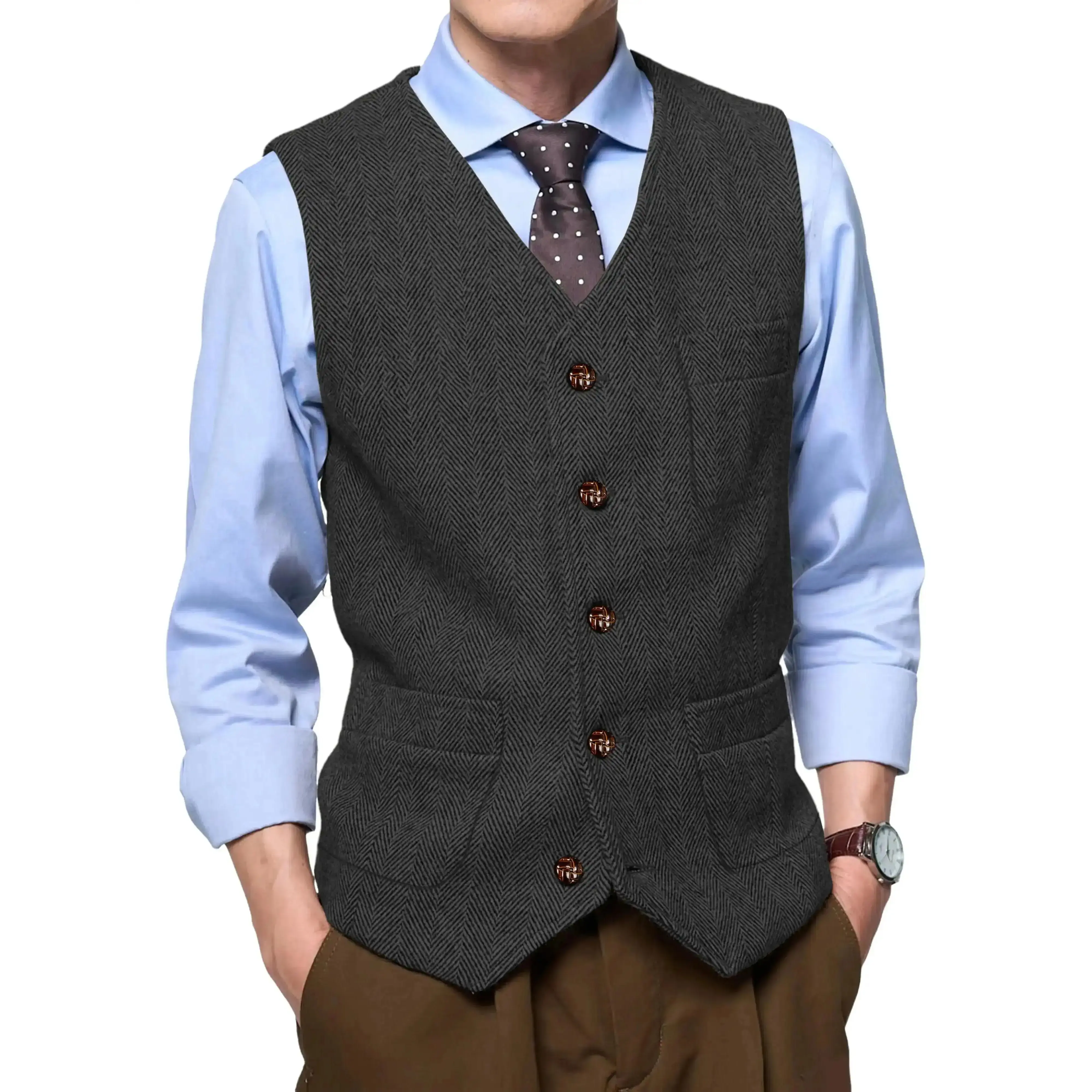 Men's Retro Tweed Herringbone Vest -Neck Casual Wool Waistcoat for Wedding Busniess Groomsmen, Trendy, Stylish and Sharp, Relaxed, Modern Classic, Clean Sleek, Comfortable, Breathable winter style cozy fit