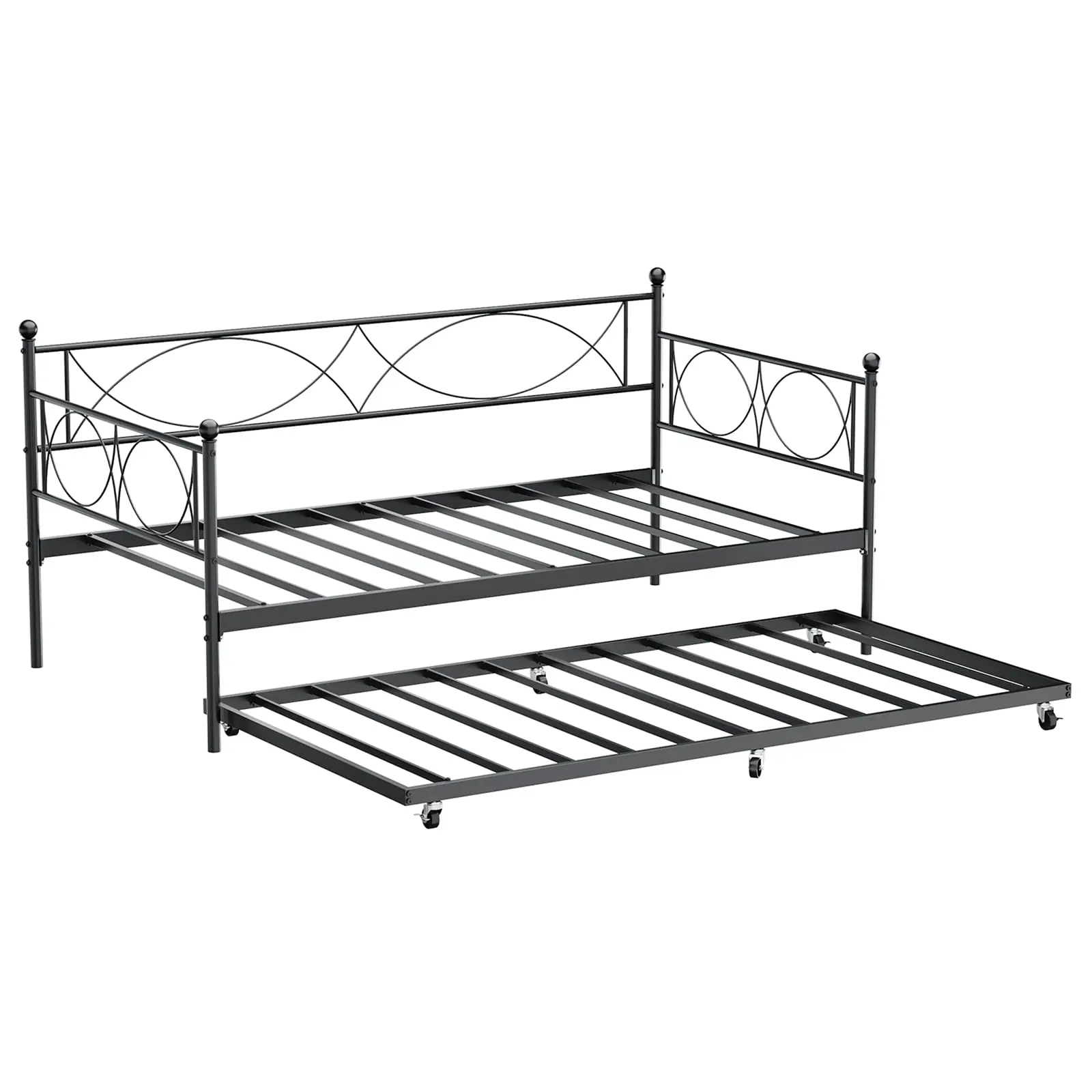 Gaomon Twin Size Iron Daybed Frame with Trundle - Furniture for Bedroom, Bedroom Beds, Locking Casters, Heavy-Duty Metal Slats, Easy-Setup Mattress Foundation, Platform Sofa Bed, Floral Geo Indoor Furniture (Black), Pull Out Bed