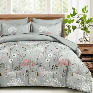 Grey Floral Comforter Set  Size, 7 count Spring Dandelion  Botanical Comforter Bedding Set, Bed in a Bag , Soft Microfiber Complete Bedding Set with Sheets for  Season