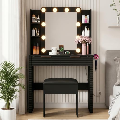 Bellemave Vanity Desk with Mirror & Light, Large Drawer Three Level Storage Dresser, 3 Lighting Modes Adjustable Brightness, Bedroom Dressing Table