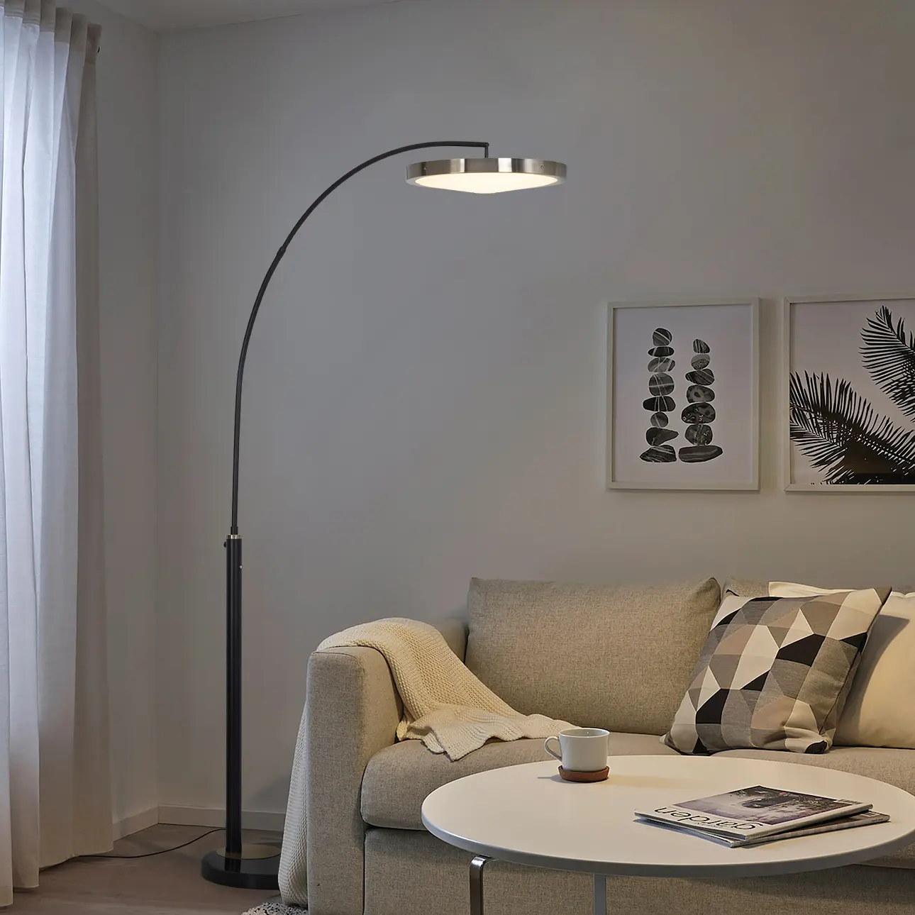 Redondo 1 Light LED Arc Floor Lamp - Matte Black Finish, Weathered Brass, Black Marble Base, Dimmer