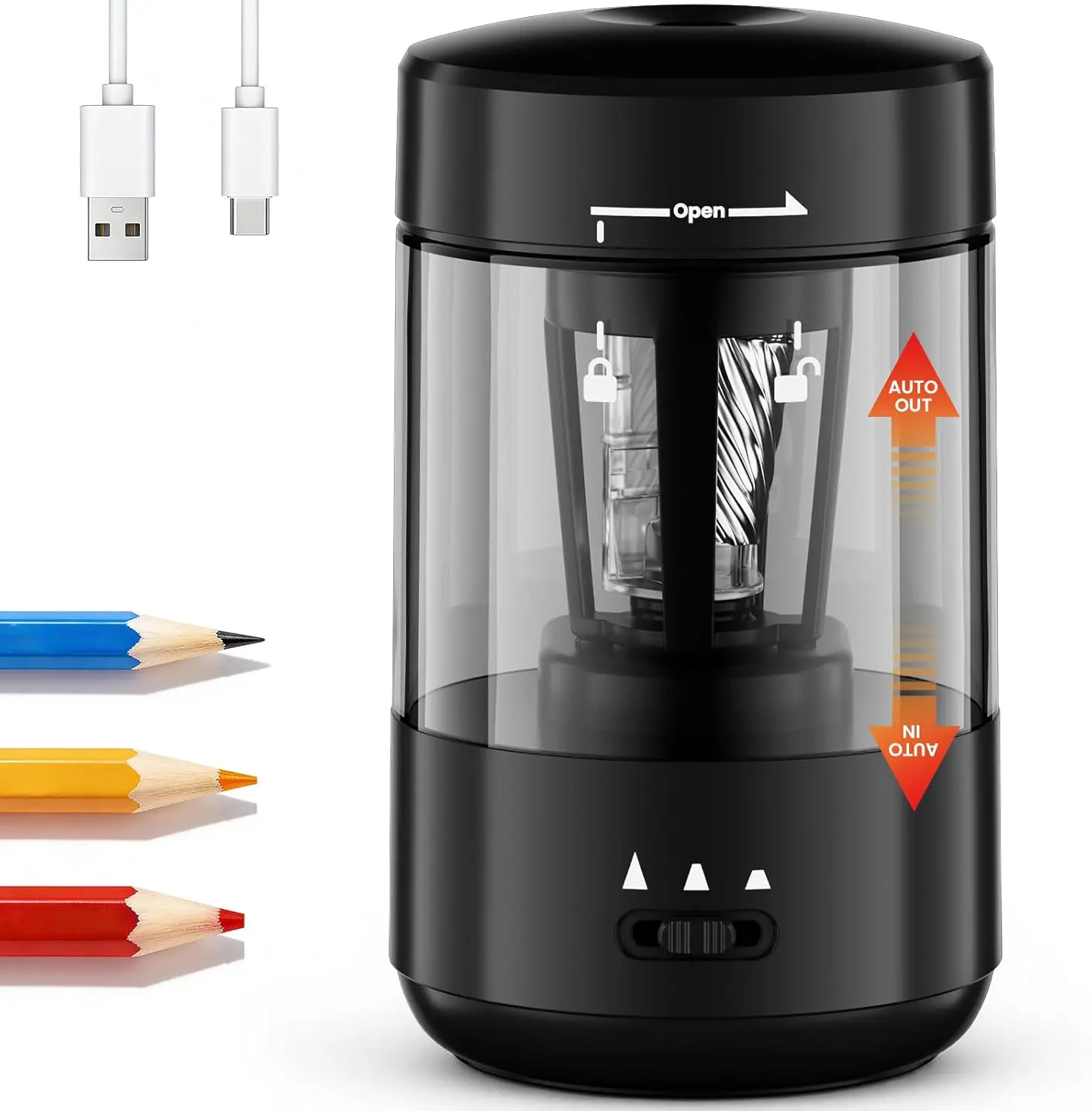 Automatic Type-C Rechargeable Electric Pencil Sharpener - 2000mAh Battery, Auto In/Out, Fast Sharpening for 6-8mm No.2 & Colored Pencils, Black Office Stationery for Classroom & Home Use