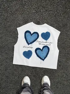 Men's Short Sleeve Boxer Briefs, Summer Vacation Basic Style, Embroidery Patch Denim Blue Heart Print, Daily Casual Streetwear, Gift Idea