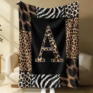 26 Letters Leopard Print Flannel Blanket, Soft & Comfortable, Warm & Breathable, Perfect for Couch Bed Recliner, Stylish Alphabet Printed Flannel Throw, Suitable for Bedroom Living Room Dorm, All-Season Cozy Gift Blanket