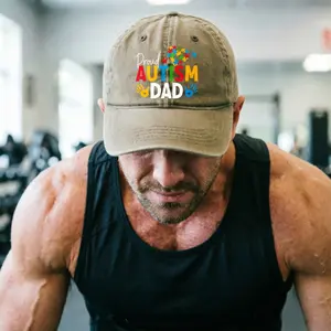 Proud Autism Dad Washed Baseball Cap, Retro Puzzle Print Dad Hat for Autism Awareness Supporters