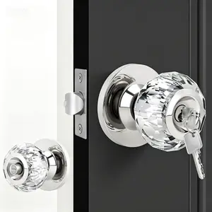 Satin Nickel Interior Glass Door Knobs with Lock and Keys, Privacy Diamond Crystal Door Knob for Bedroom Bathroom, Keyed Entry Door Handle with Privacy Lock, Reusable Locking Door Knob for Home Office, 1 Pack