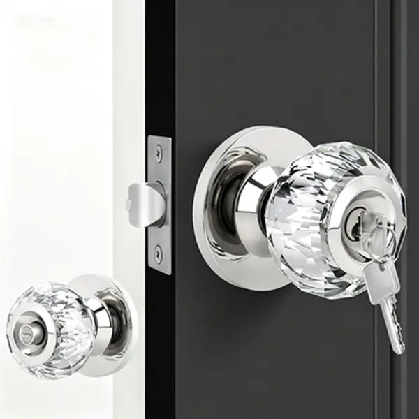 Satin Nickel Interior Glass Door Knobs with Lock and Keys, Privacy Diamond Crystal Door Knob for Bedroom Bathroom, Keyed Entry Door Handle with Privacy Lock, Reusable Locking Door Knob for Home Office, 1 Pack