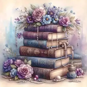 Vintage Books with Purple Pink Flowers and Pearls, Multiple sizes available including square and round diamonds. This 5D DIY diamond painting set diamond art embroidery craft kit handmade furniture decor holiday birthday art personalized gift.