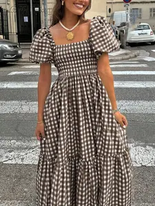 Elegant Feminine Plaid Ruffled Ruffle Hem Casual Dress for Women, Perfect for Leisure, Dates, Vacations, Coffee Color