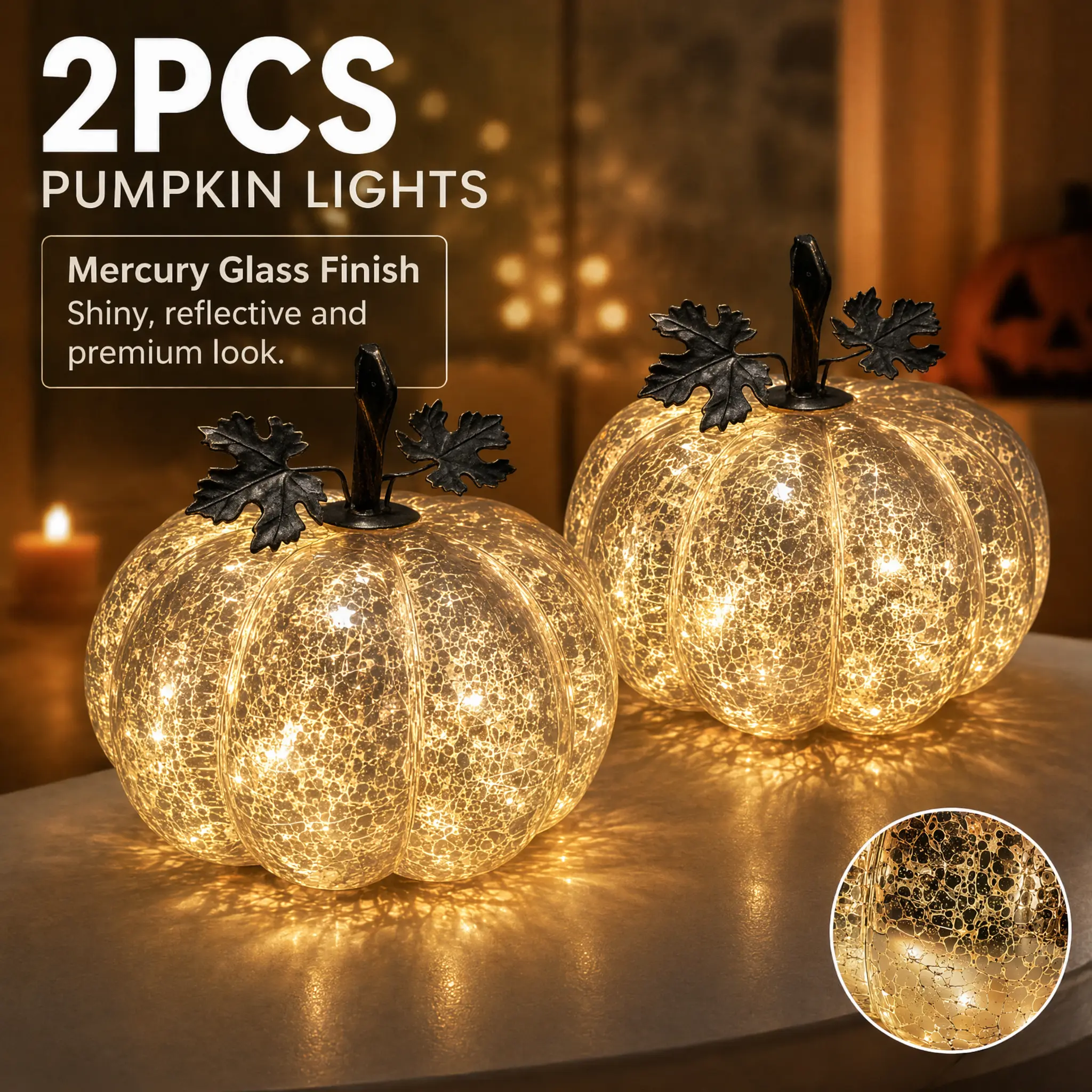 2-Pack Mercury Glass Pumpkin Lights with Timer, Battery Powered Fall Decor for Table Centerpiece, Warm Glow Halloween Thanksgiving Home Decoration