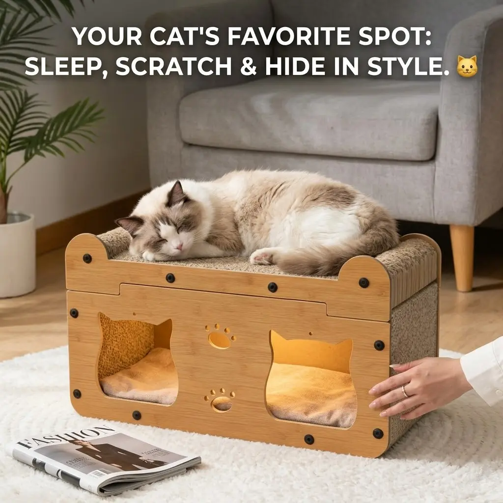 Premium Walnut Wood Cat Bed with Scratcher – Double-Decker Wooden Cat Furniture for Multiple Cats, Modern Cozy Lounge, Durable All-Season Cat House & Scratching Station