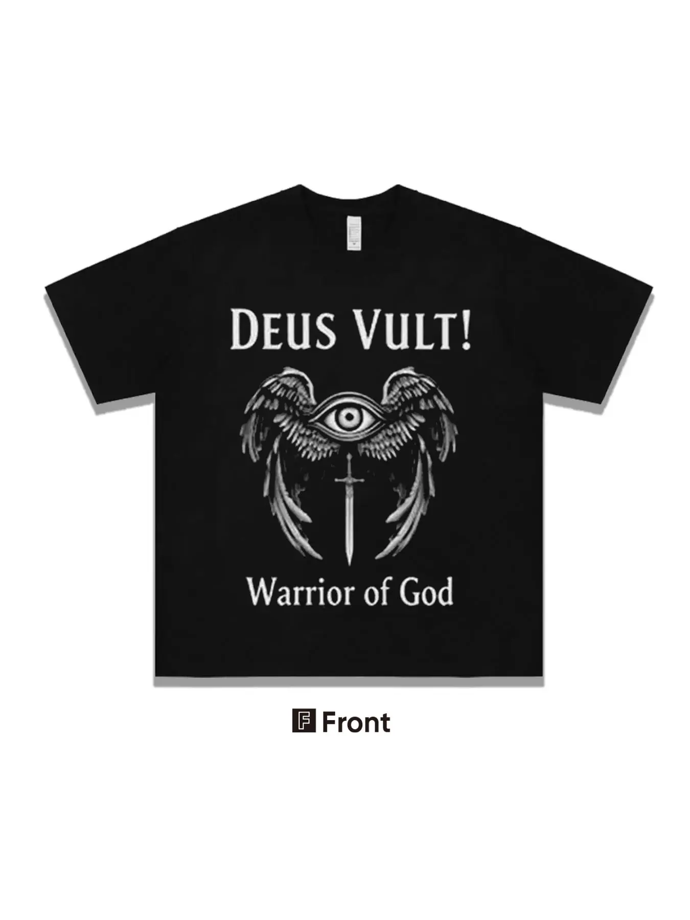 1 PCS Black Oversized 100% Cotton T-Shirt, Deus Vult Warrior of God Winged All-Seeing Eye Sword Vintage Graphic Print, Medieval Crusader Christian Streetwear Tee, Soft Breathable Unisex Top For Faith Warrior Casual Outfit