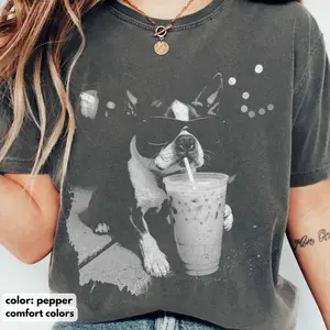 Funny Black White Boston Terrier Drinking Iced Coffee Comfort Colors T-shirt, Vintage 90s Edgy Dog Meme Tee, Unisex Fit Design, Casual Streetwear, Gift for Dog Lovers